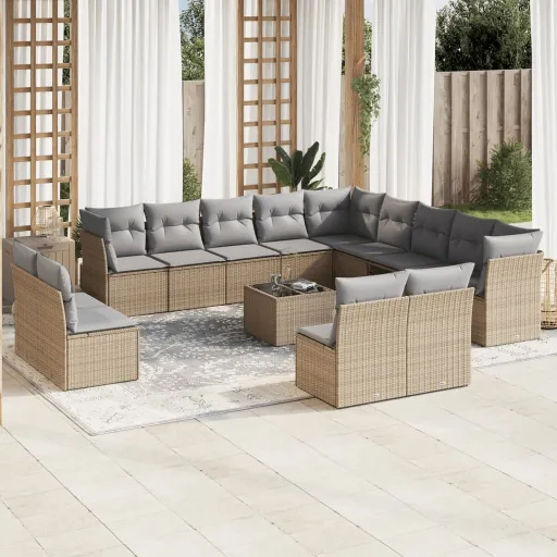 Conjunto de Sofás p/ Jardim com Almofadões Vime PE Bege (14 pcs)