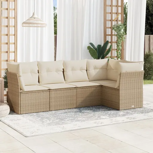 Conjunto de Sofás p/ Jardim com Almofadões Vime PE Bege (5 pcs)