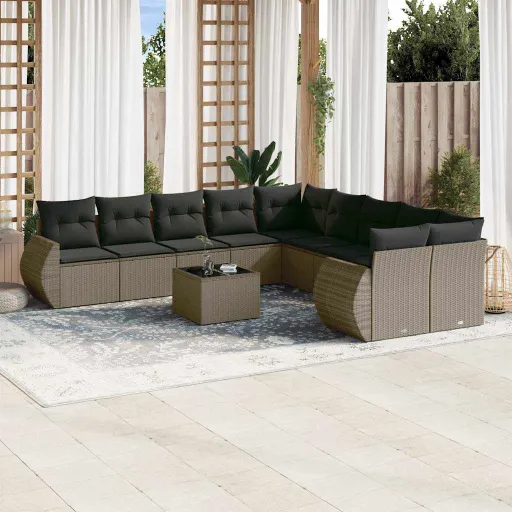 Conjunto Sofás de Jardim c/ Almofadões Vime PE Cinzento (11 pcs)