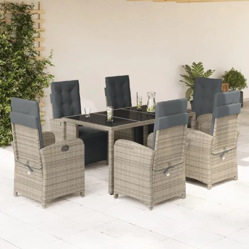 Conjunto de Jantar p/ Jardim c/ Almofadões Vime PE Cinza (7 pcs)