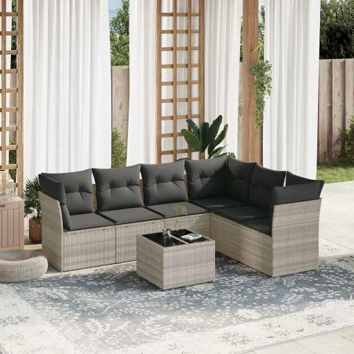 Conj. Sofás Jardim com Almofadões Vime PE Cinzento-Claro (7 pcs)