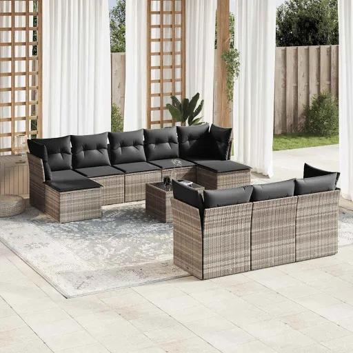 Conjunto Sofás de Jardim c/ Almofadões Vime PE Cinzento (11 pcs)