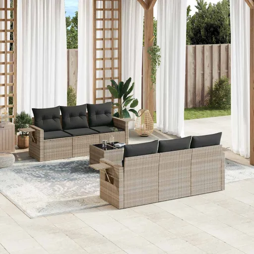 Conj. Sofás Jardim com Almofadões Vime PE Cinzento-Claro (7 pcs)
