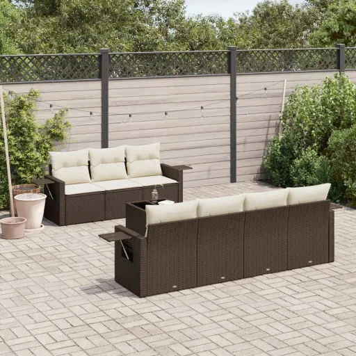 Conjunto Sofás de Jardim c/ Almofadões Vime PE Castanho (8 pcs)