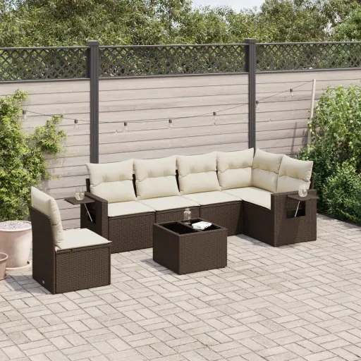 Conjunto de Sofás Jardim c/ Almofadões Vime PE Castanho (7 pcs)