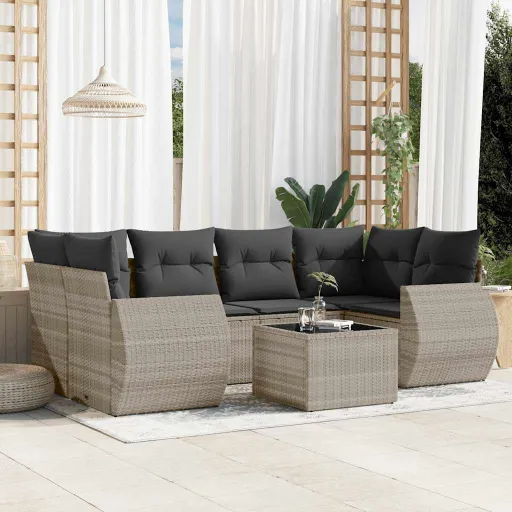 Conj. Sofás Jardim com Almofadões Vime PE Cinzento-Claro (7 pcs)