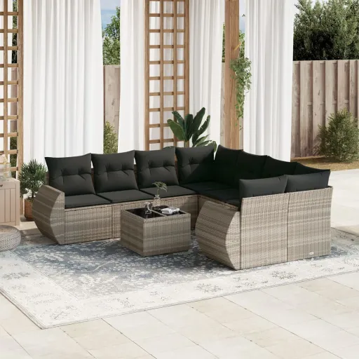 Conj. Sofás Jardim com Almofadões Vime PE Cinzento-Claro (9 pcs)