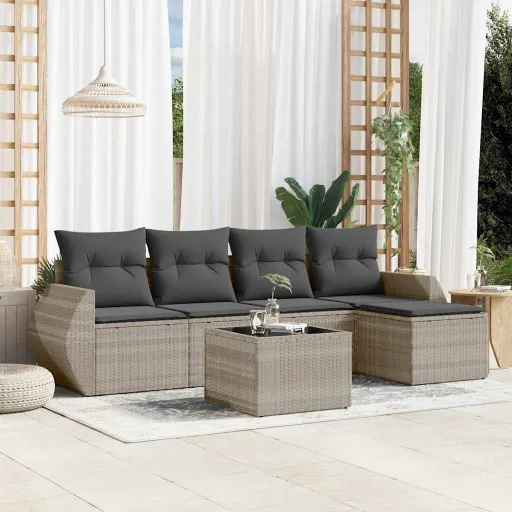 Conj. Sofás Jardim com Almofadões Vime PE Cinzento-Claro (6 pcs)