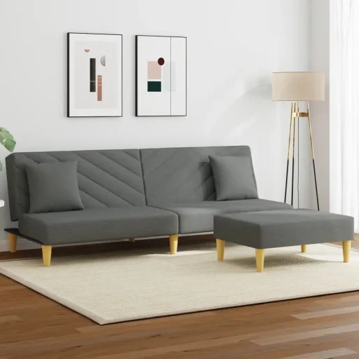 Sofá-Cama 2 Lugares c/ Almofadas/Apoio Pés Tecido Cinza-Escuro
