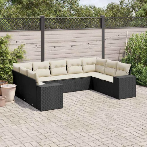Conjunto de Sofás p/ Jardim c/ Almofadões Vime PE Preto (9 pcs)