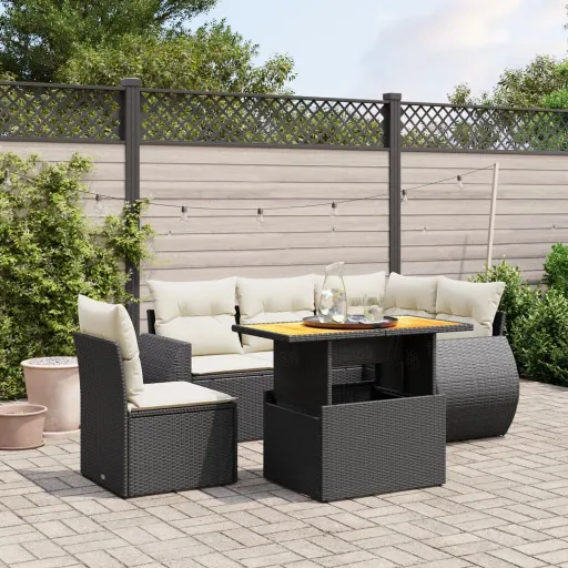 Conjunto Sofás de Jardim c/ Almofadões Vime PE Preto (6 pcs)