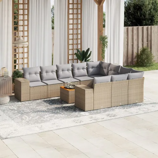 Conjunto Sofás de Jardim c/ Almofadões Vime PE Bege (11 pcs)