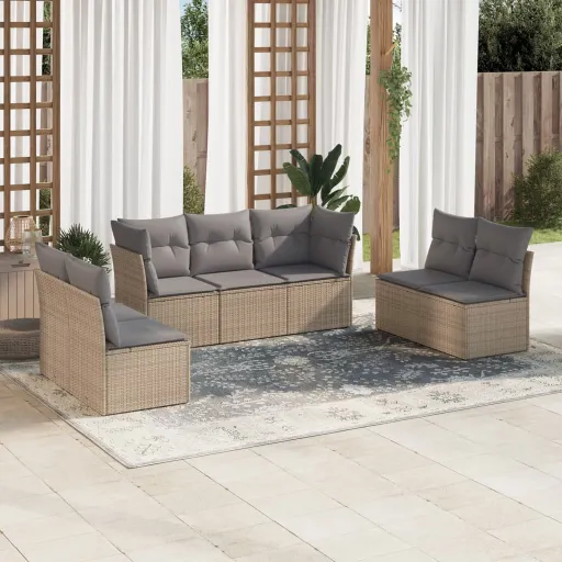 Conjunto de Sofás p/ Jardim com Almofadões Vime PE Bege (7 pcs)