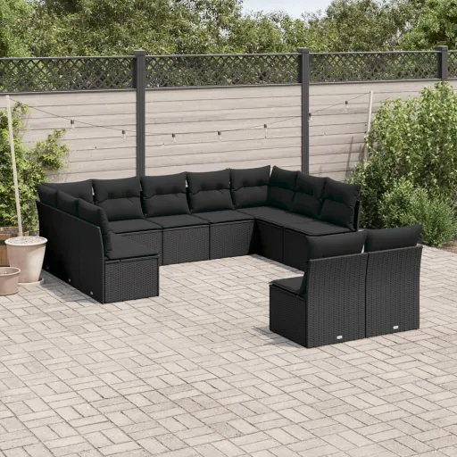 Conjunto Sofás de Jardim c/ Almofadões Vime PE Preto (11 pcs)