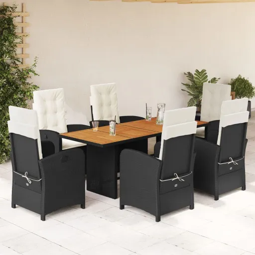 Conjunto de Jantar p/ Jardim c/ Almofadões Vime PE Preto (7 pcs)