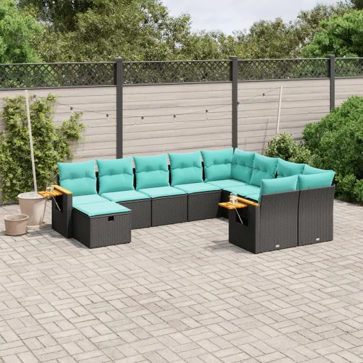 Conjunto de Sofás p/ Jardim c/ Almofadões Vime PE Preto (10 pcs)