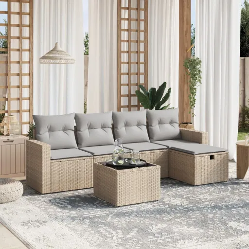 Conj. Sofás Jardim c/ Almofadões Vime PE Bege Misturado (6 pcs)