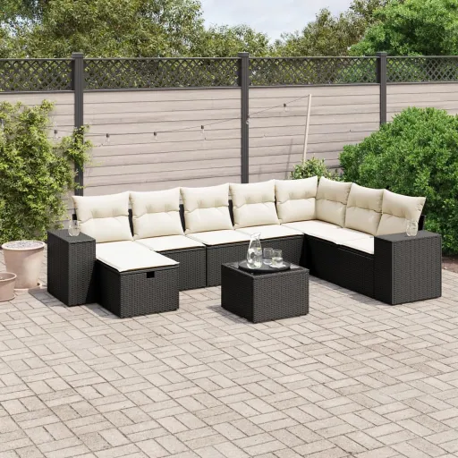 Conjunto de Sofás p/ Jardim c/ Almofadões Vime PE Preto (9 pcs)