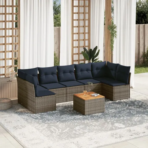 Conjunto Sofás p/ Jardim c/ Almofadões Vime PE Cinzento (8 pcs)