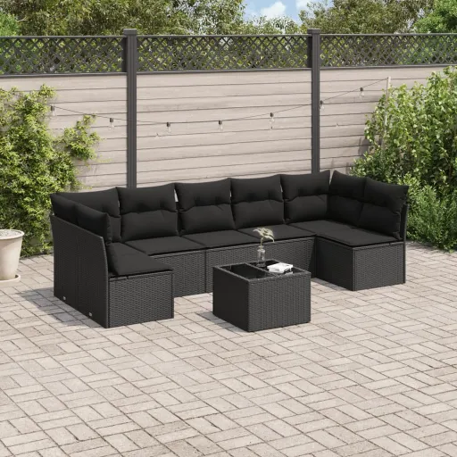 Conjunto Sofás de Jardim com Almofadões Vime PE Preto (8 pcs)