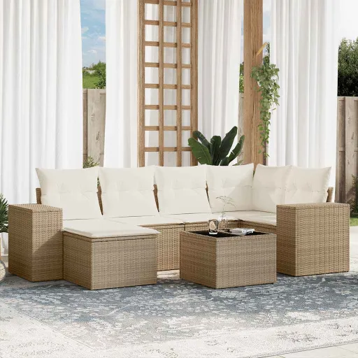 Conjunto de Sofás p/ Jardim com Almofadões Vime PE Bege (7 pcs)