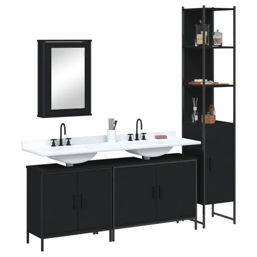 Conjunto Móveis Casa de Banho Derivados de Madeira Preto (4 pcs)