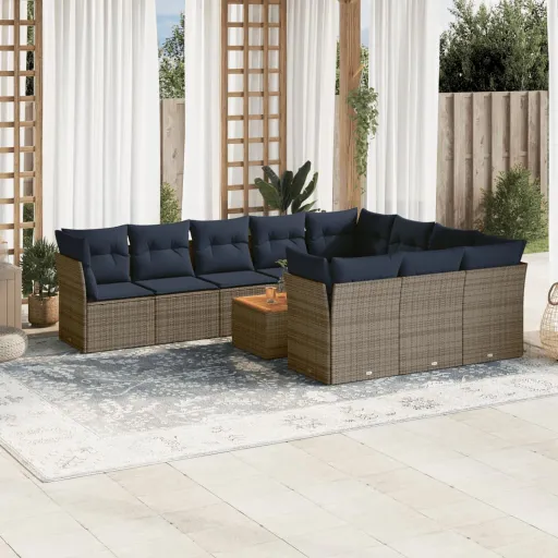 Conjunto Sofás de Jardim c/ Almofadões Vime PE Cinzento (11 pcs)