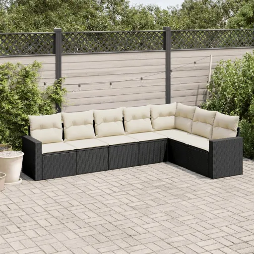 Conjunto de Sofás p/ Jardim c/ Almofadões Vime PE Preto (7 pcs)