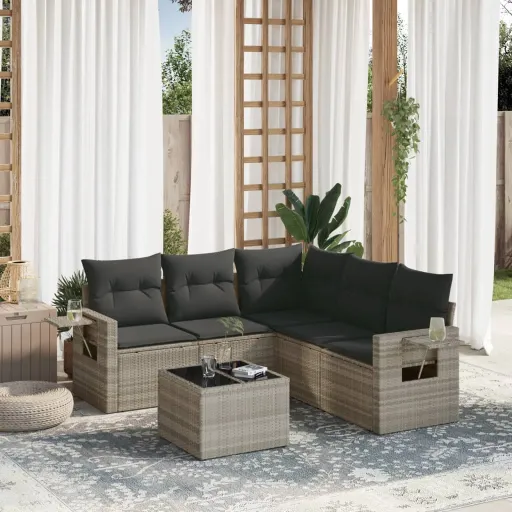 Conj. Sofás Jardim com Almofadões Vime PE Cinzento-Claro (6 pcs)