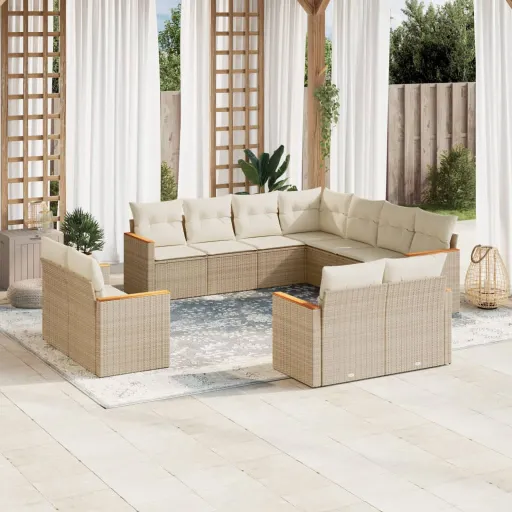 Conjunto Sofás de Jardim c/ Almofadões Vime PE Bege (11 pcs)
