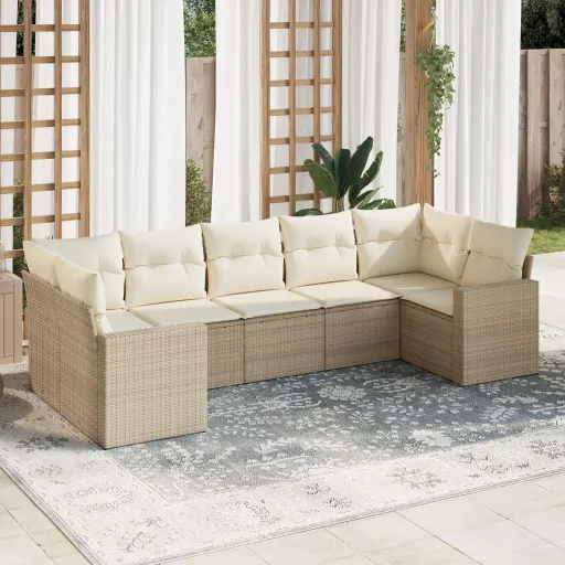 Conjunto de Sofás p/ Jardim com Almofadões Vime PE Bege (7 pcs)