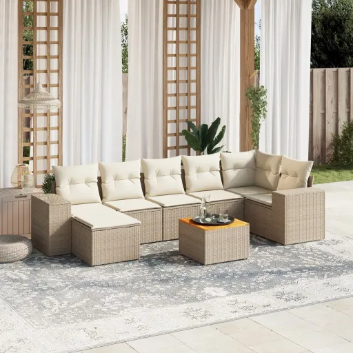 Conjunto de Sofás p/ Jardim com Almofadões Vime PE Bege (8 pcs)