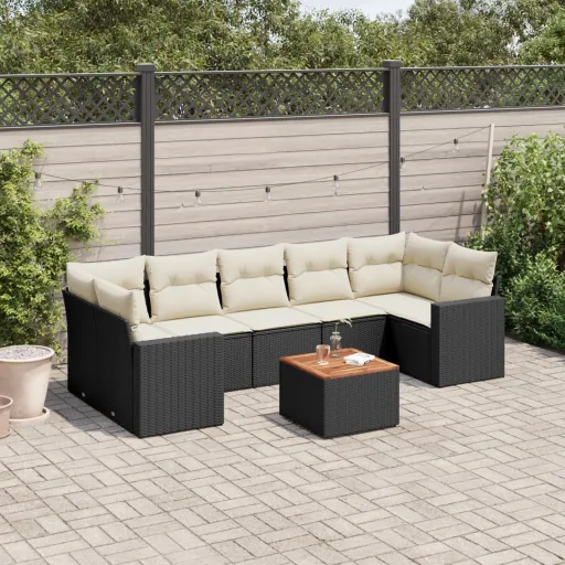 Conjunto Sofás de Jardim com Almofadões Vime PE Preto (8 pcs)