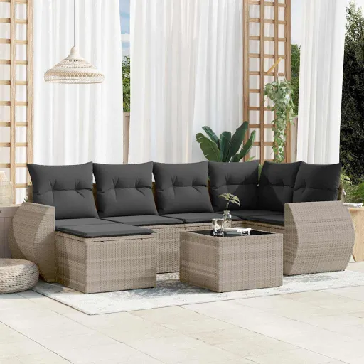 Conj. Sofás Jardim com Almofadões Vime PE Cinzento-Claro (7 pcs)