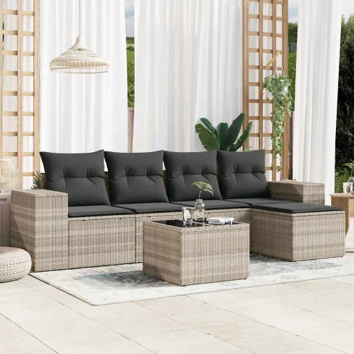 Conj. Sofás Jardim com Almofadões Vime PE Cinzento-Claro (6 pcs)
