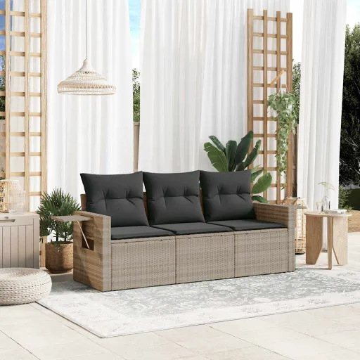 Conj. Sofás Jardim c/ Almofadões Vime PE Cinzento-Claro (3 pcs)