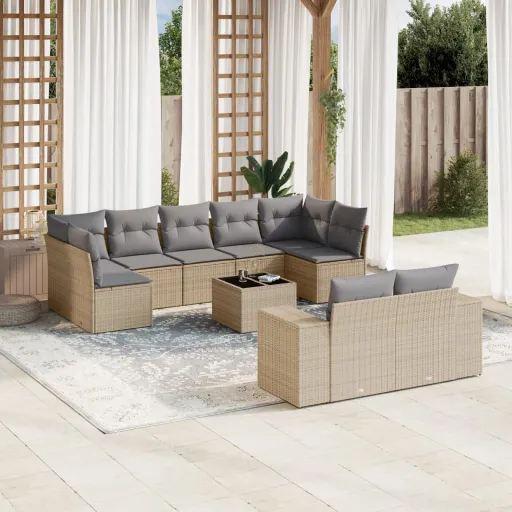 Conjunto de Sofás p/ Jardim com Almofadões Vime PE Bege (10 pcs)
