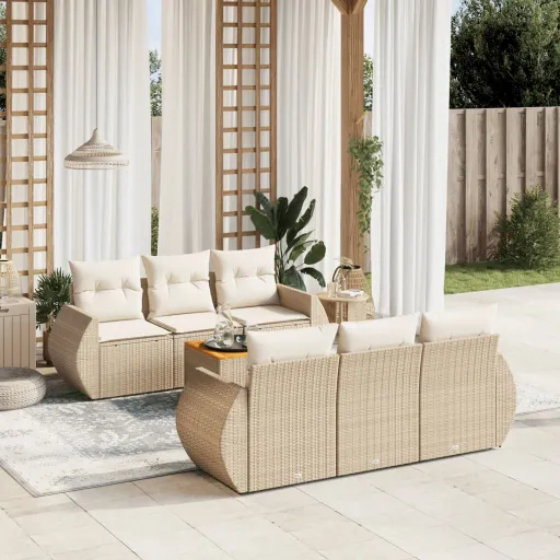 Conjunto de Sofás p/ Jardim com Almofadões Vime PE Bege (7 pcs)