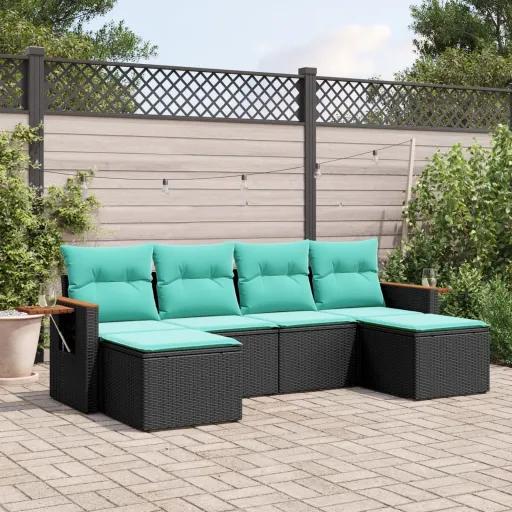 Conjunto de Sofás p/ Jardim c/ Almofadões Vime PE Preto (6 pcs)