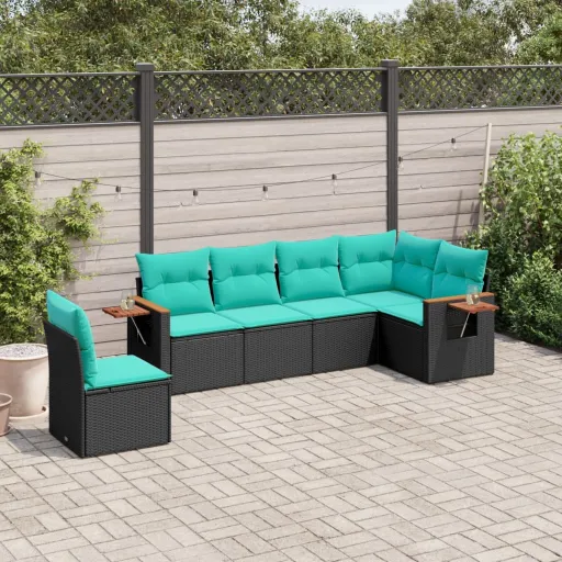 Conjunto de Sofás p/ Jardim c/ Almofadões Vime PE Preto (6 pcs)