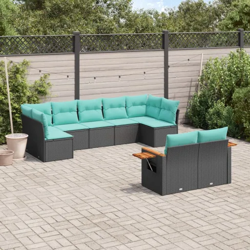 Conjunto de Sofás p/ Jardim c/ Almofadões Vime PE Preto (9 pcs)