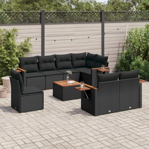 Conjunto de Sofás p/ Jardim c/ Almofadões Vime PE Preto (9 pcs)