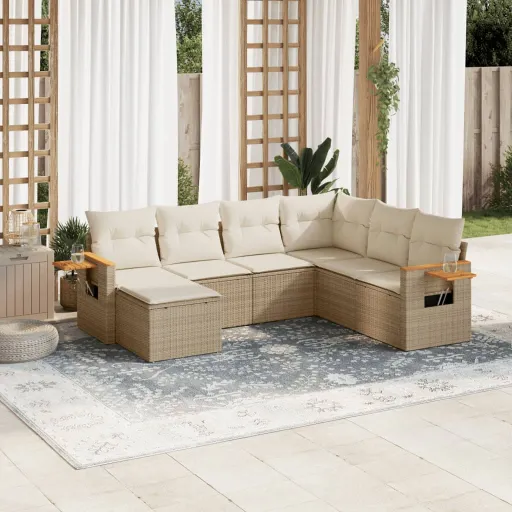Conjunto de Sofás p/ Jardim com Almofadões Vime PE Bege (7 pcs)