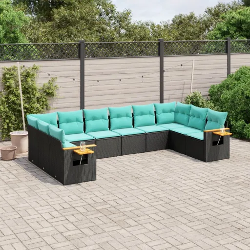 Conjunto de Sofás p/ Jardim c/ Almofadões Vime PE Preto (10 pcs)