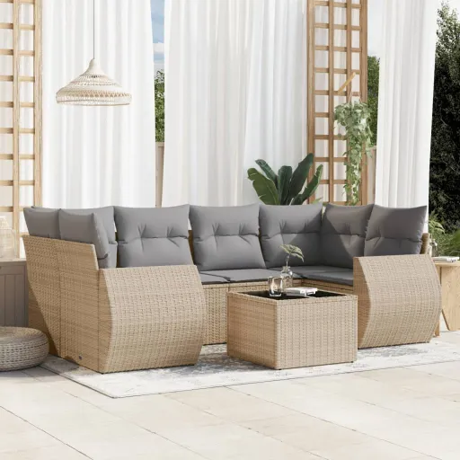 Conjunto de Sofás p/ Jardim com Almofadões Vime PE Bege (7 pcs)