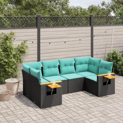 Conjunto de Sofás p/ Jardim c/ Almofadões Vime PE Preto (6 pcs)