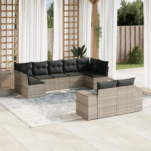 Conj. Sofás Jardim com Almofadões Vime PE Cinzento-Claro (9 pcs)