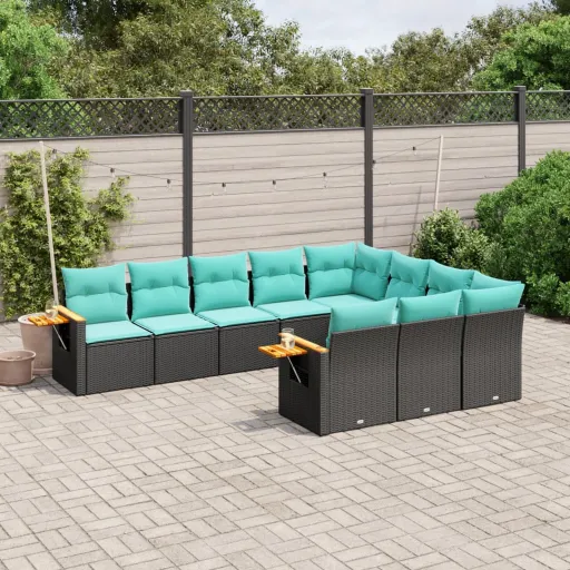 Conjunto de Sofás p/ Jardim c/ Almofadões Vime PE Preto (10 pcs)