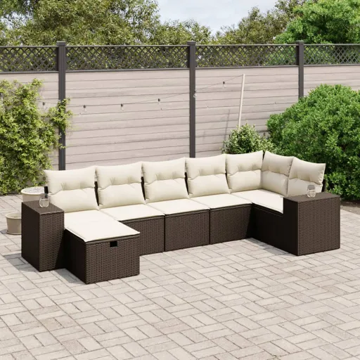 Conjunto de Sofás Jardim c/ Almofadões Vime PE Castanho (7 pcs)