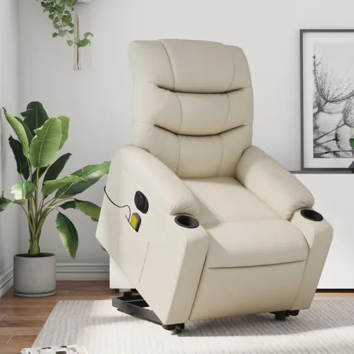 Poltrona Reclinável Elevatória Elétrica Couro Artificial Creme